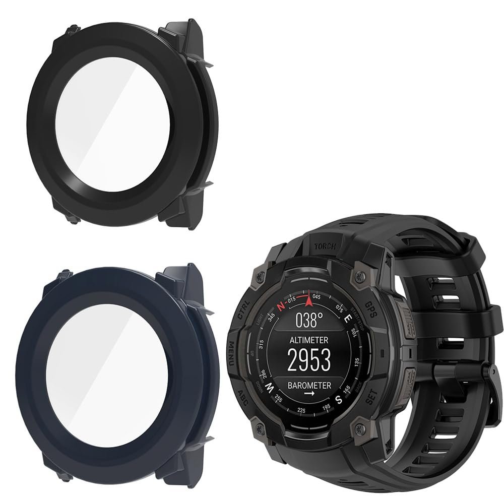 2 Pack Hard Case for Garmin Instinct 3 45mm/50mm AMOLED with Screen Protector, Hard PC Protective Case Shockproof Anti-Scratch Bumper Cover (Black/Dark Blue, Garmin Instinct 3 50mm AMOLED)