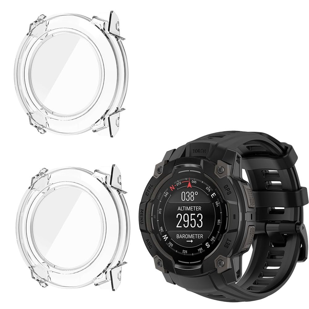 2 Pack Hard Case for Garmin Instinct 3 45mm/50mm AMOLED with Screen Protector, Hard PC Protective Case Shockproof Anti-Scratch Bumper Cover (Clear/Clear, Garmin Instinct 3 50mm AMOLED)