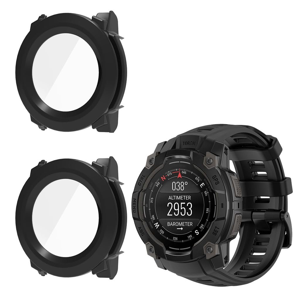 2 Pack Hard Case for Garmin Instinct 3 45mm/50mm AMOLED with Screen Protector, Hard PC Protective Case Shockproof Anti-Scratch Bumper Cover (Black/Black, Garmin Instinct 3 45mm AMOLED)