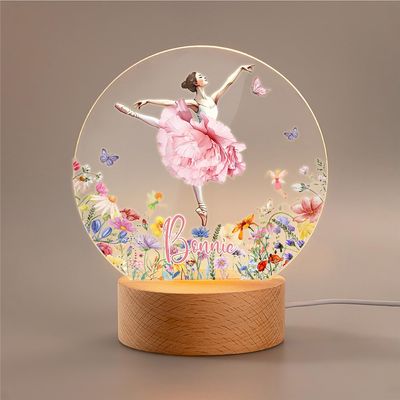 callie Acrylic Night Light Name Plate Personalized, Custom Cute Fox Deer Turtle Forest Animal with Wooden Base Bedroom Decor, Birthday Gifts Kid Gifts for Family (Beautiful Ballet Girl)