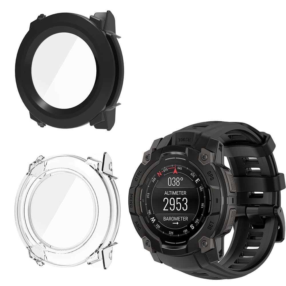 2 Pack Hard Case for Garmin Instinct 3 45mm/50mm AMOLED with Screen Protector, Hard PC Protective Case Shockproof Anti-Scratch Bumper Cover (Clear/Black, Garmin Instinct 3 50mm AMOLED)