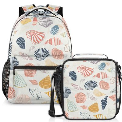 Kuquteed Colorful Sea Shell Lunch Backpack Ocean Conch Laptop Backpacks Set with Insulated Cooler Lunch Box Leak Proof Lunch Bag for Women Men Work Camping Travel Daypack