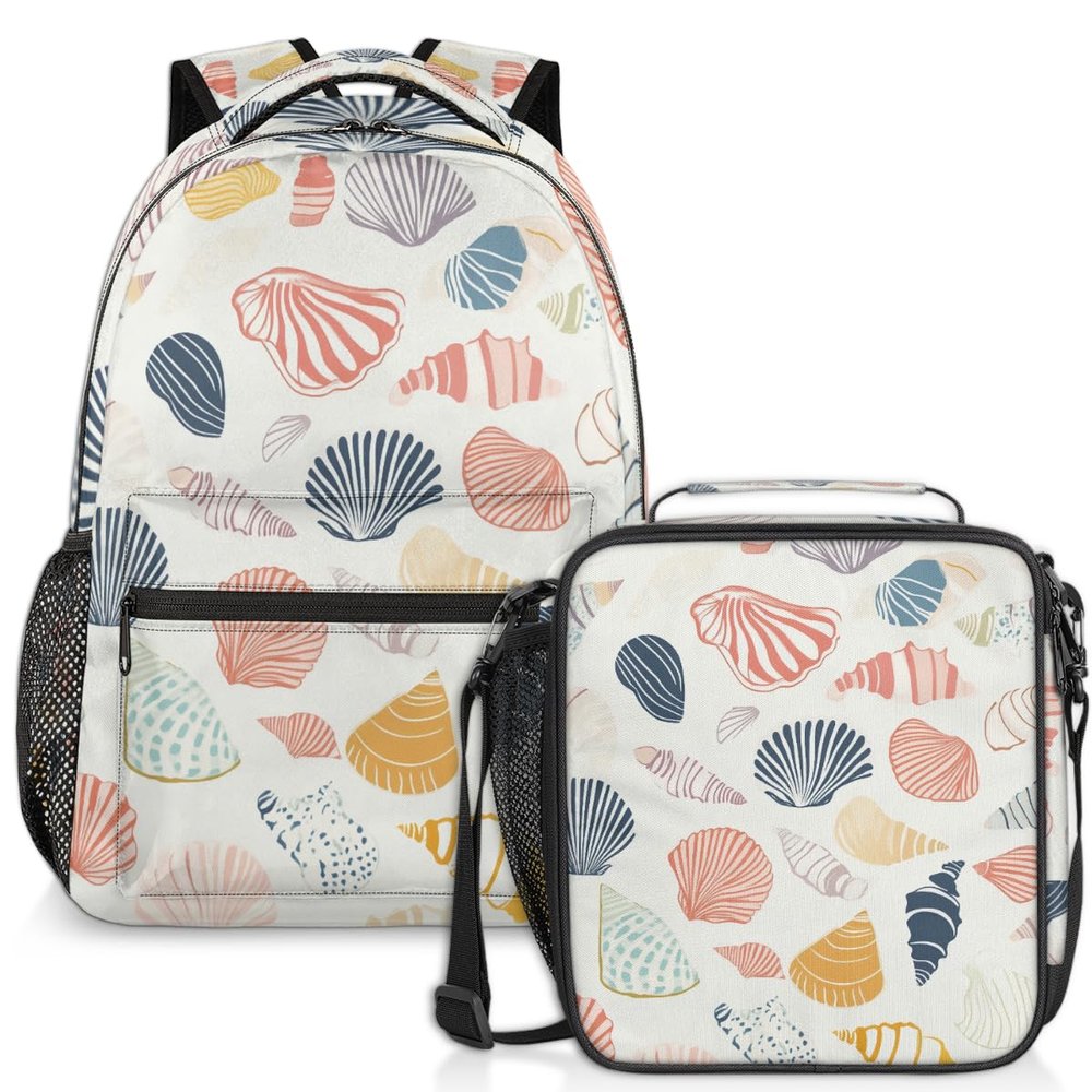 Kuquteed Colorful Sea Shell Lunch Backpack Ocean Conch Laptop Backpacks Set with Insulated Cooler Lunch Box Leak Proof Lunch Bag for Women Men Work Camping Travel Daypack