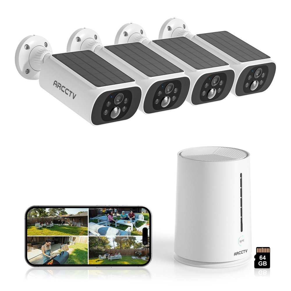ARCCTV Solar Security Cameras Wireless Outdoor, 4 Cam-Kit, 4MP Solar Security Camera Wireless System, Color Night Vision, Motion Detection, No Monthly Fee, 64GB Memory Card