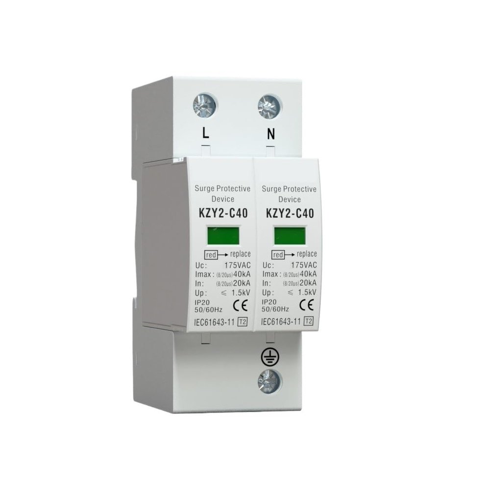 1P 2P AC 120V 175V 20KA-40KA Lightning Protector Surge Protective Device SPD with PE House Safety Electricity Protector(1P 120V)