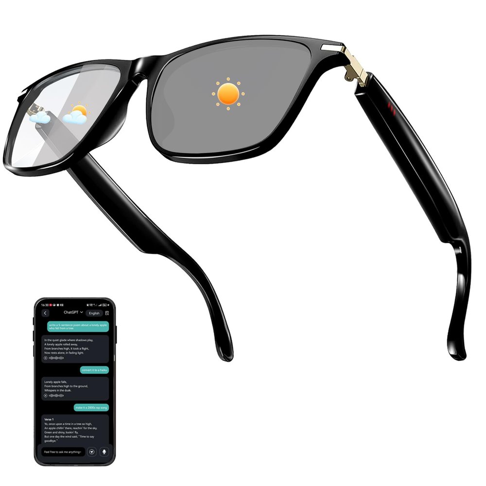 Ai Smart Glasses with Chat GPT, Bluetooth Glasses for Men Women with 160+ Language & Accents, Translation Glasses Color-Change Lens, Smart Eyewear for Gaming Meeting Travel Trade Business, (Black)