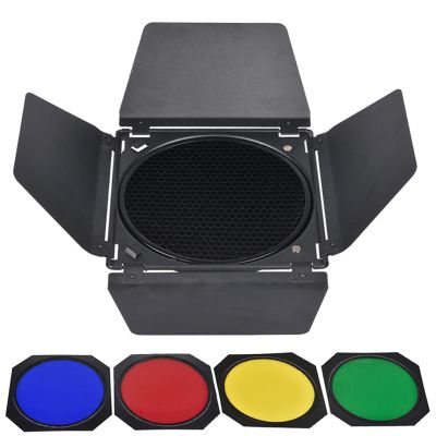 Adjustable Barn Door and Honeycomb Set with 4 Color for Photography Lighting 7inches Standard Reflector