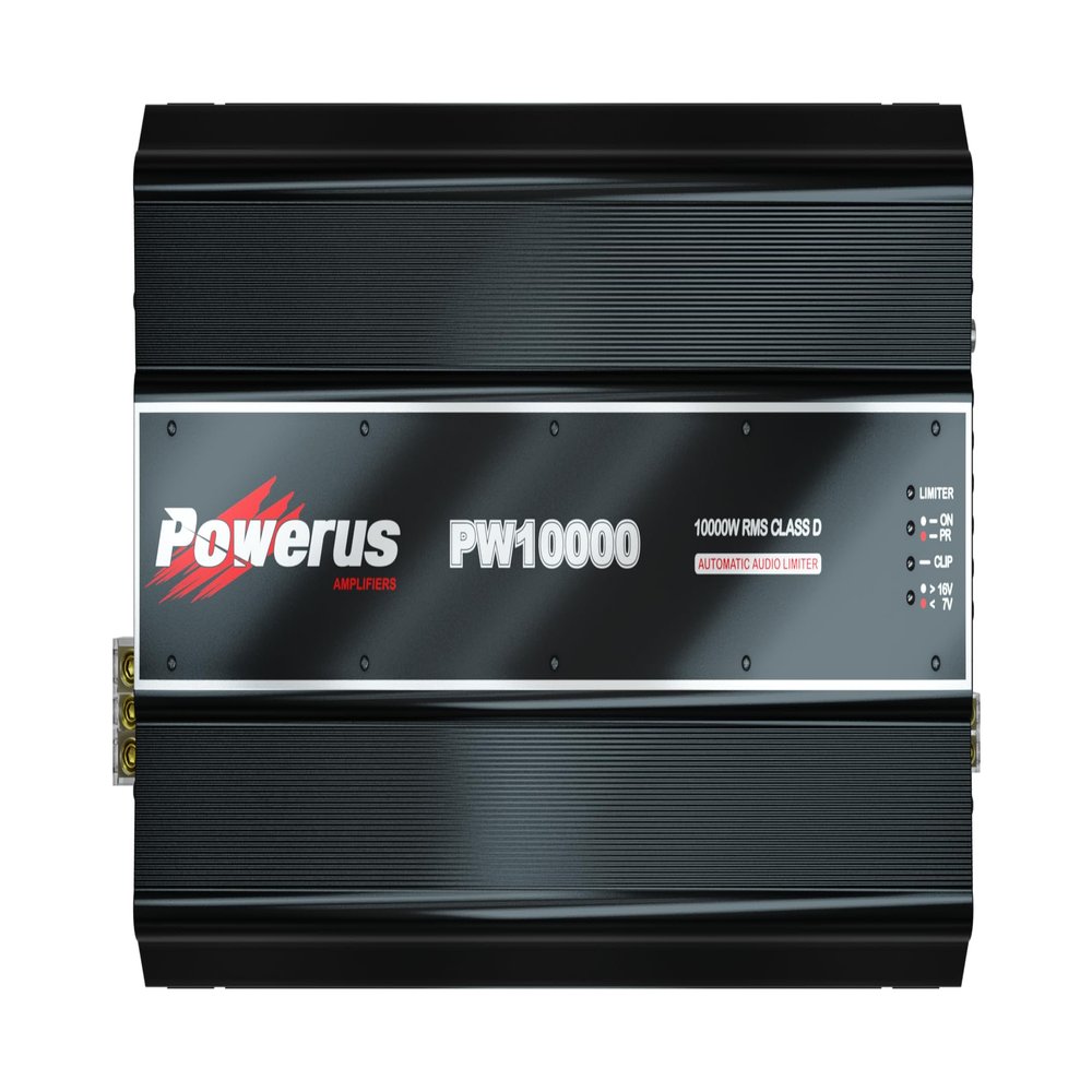 POWERUS PW10000 0.5 Ohm Full Range 1 Channel Class D Car Amplifier, 10800W RMS @12.6V / 11900W @14.4V, Monoblock, Bass Boost, HPF/LPF Crossover, Automatic Audio Limiter