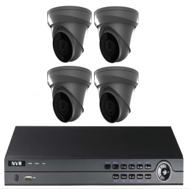 CCTVWHOLESALEOUTLET 4MP Plug & Play IP Kit: 4ch NVR with 1TB, 4 Turret Grey Cameras 4mm Lens, Night Vision, Built-in Mic, 100FT IR