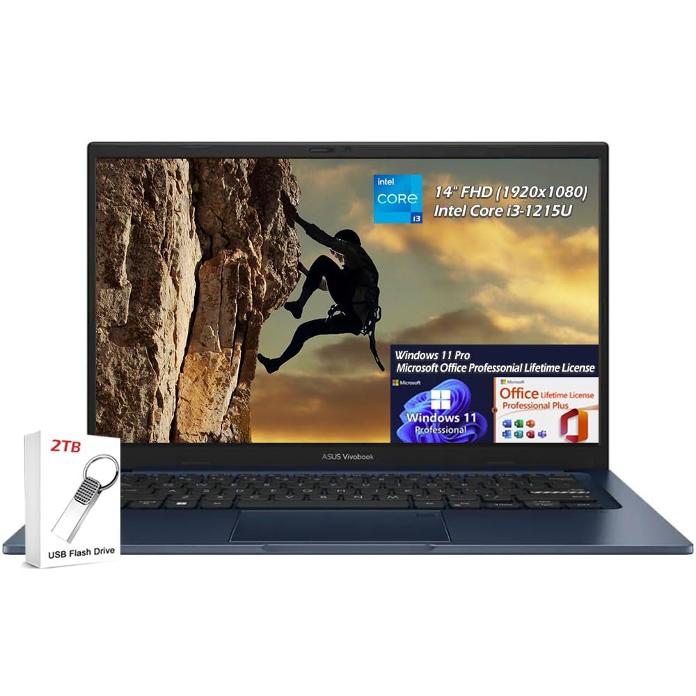 ASUS Vivobook 14 Laptop, 14" FHD LED Laptop, Intel 6-Core i3 1215U, Win11Pro Office Lifetime License, Webcam, Wi-Fi6E, Bluetooth, Quiet Blue, w/2TB USB Drive (8GB RAM, 512GB SSD), W/GaLiMu