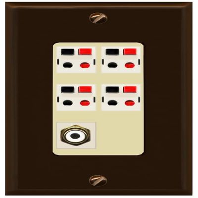 RiteAV 4 Port Speaker Wire Plug Jack Wall Plate with 1 RCA for Subwoofer - 1 Gang Decorative [Brown/Ivory]