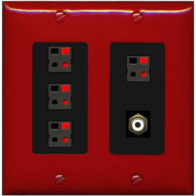 RiteAV 4 Port Speaker Wire Plug Jack Wall Plate with 1 RCA for Subwoofer - 2 Gang [Red/Black]