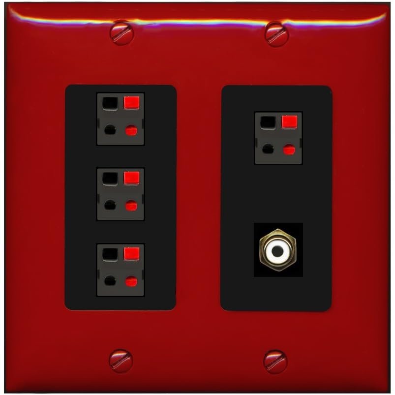 RiteAV 4 Port Speaker Wire Plug Jack Wall Plate with 1 RCA for Subwoofer - 2 Gang [Red/Black]