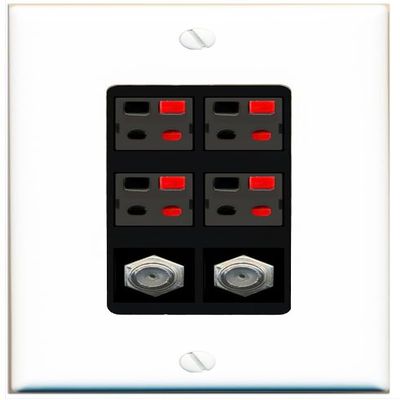 RiteAV 4 Speaker 2 Port Coax Cable TV Wall Plate - 1 Gang Decorative [White/Black]