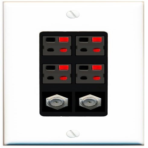RiteAV 4 Speaker 2 Port Coax Cable TV Wall Plate - 1 Gang Decorative [White/Black]