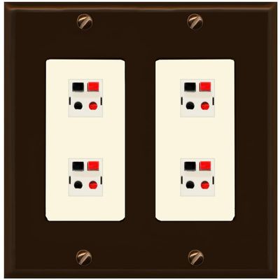RiteAV 4 Port Speaker Wire Plug Jack Wall Plate - 2 Gang [Brown/Light-Almond]