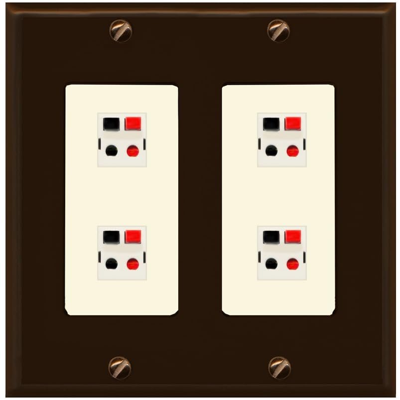 RiteAV 4 Port Speaker Wire Plug Jack Wall Plate - 2 Gang [Brown/Light-Almond]