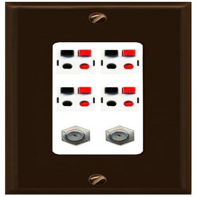 RiteAV 4 Speaker 2 Port Coax Cable TV Wall Plate - 1 Gang Decorative [Brown/White]