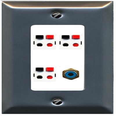 RiteAV 3 Port Speaker Wire Plug Jack Wall Plate with 1 RCA for Subwoofer - 1 Gang Decorative [Stainless/White]
