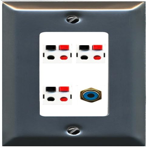 RiteAV 3 Port Speaker Wire Plug Jack Wall Plate with 1 RCA for Subwoofer - 1 Gang Decorative [Stainless/White]