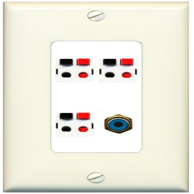 RiteAV 3 Port Speaker Wire Plug Jack Wall Plate with 1 RCA for Subwoofer - 1 Gang Decorative [Light-Almond/White]