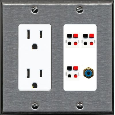 RiteAV 3 Port Speaker Wire Plug Jack Wall Plate with 1 RCA for Subwoofer - Outlet [Stainless/White]