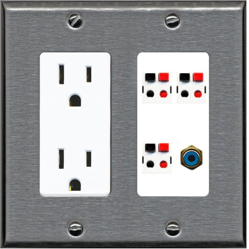 RiteAV 3 Port Speaker Wire Plug Jack Wall Plate with 1 RCA for Subwoofer - Outlet [Stainless/White]