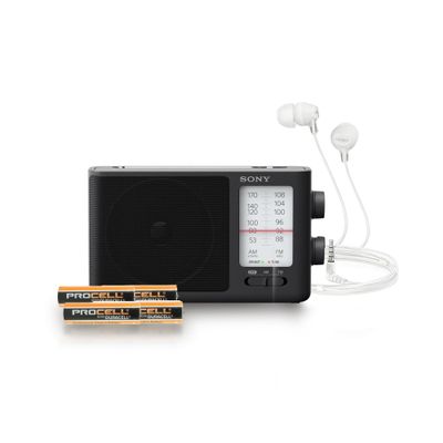 Sony ICF506 Portable Radio with AA (4-Pack) with Wired in-Ear Earbud Headphones and Radio Accessory Bundle (3 Items)