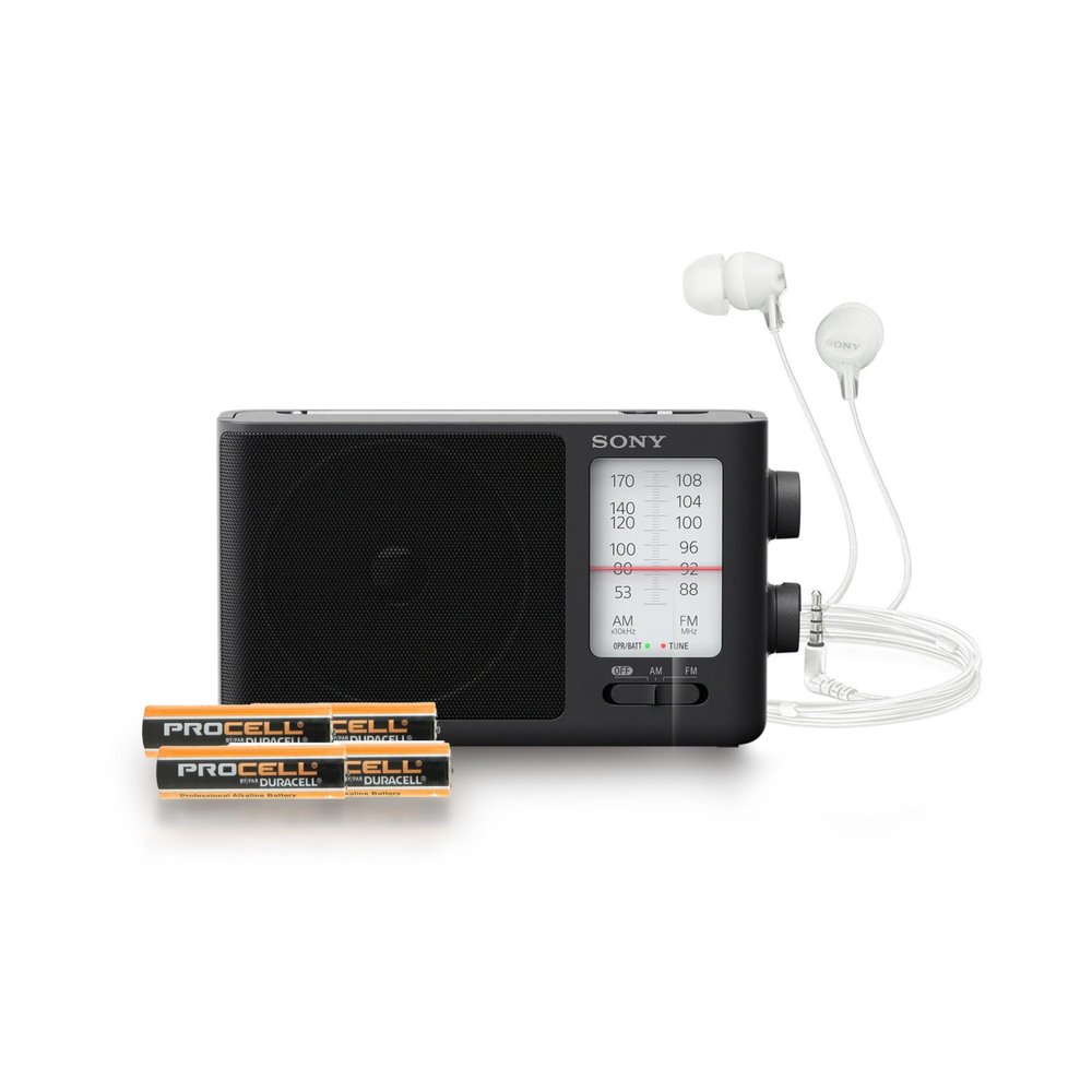 Sony ICF506 Portable Radio with AA (4-Pack) with Wired in-Ear Earbud Headphones and Radio Accessory Bundle (3 Items)