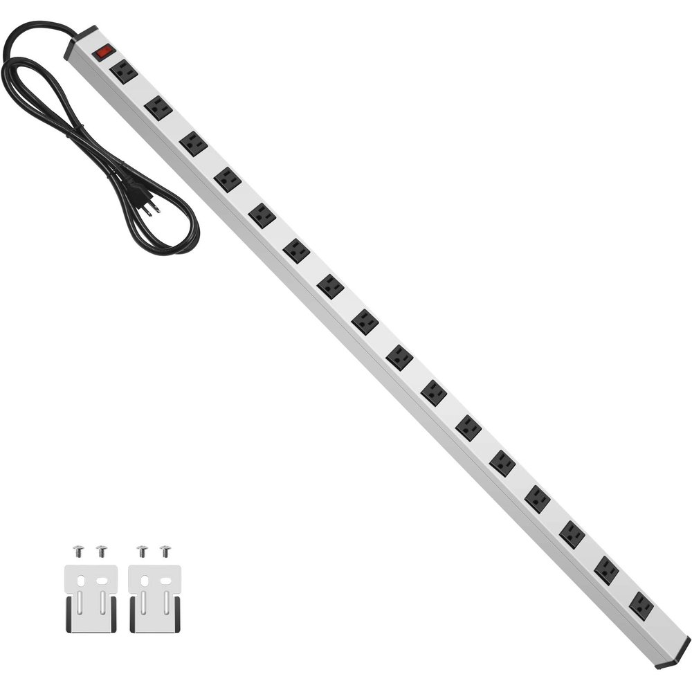 JUNNUJ Long Metal 16 Outlet Power Strip, Wide Spaced Garage Industrial Heavy Duty Power Strip with 4 FT Cord 15A, 125V, 1875W-Silver