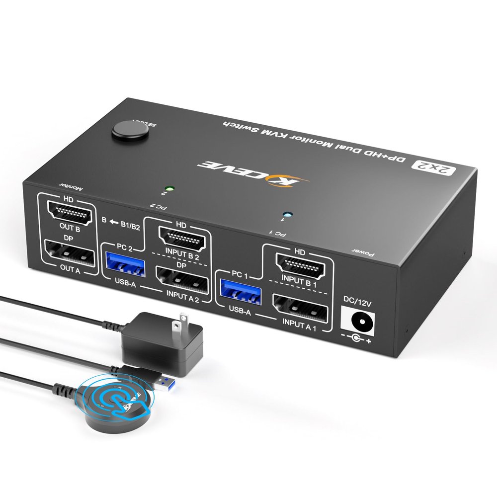 8K@60Hz HDMI Displayport KVM Switch 2 Computers 2 Monitors,USB 3.0 KVM Switch Dual Monitor for 2 Computer Share 2 Monitor and 4 USB Ports,with Wired Remote,12V Power Adapter and USB Cables