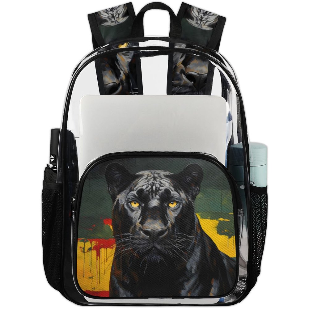 Adornori Black Panther Dog Large Clear Backpack Heavy Duty for Men Women Adults Transparent Backpack PVC See Through Bag with Reinforced Shoulder Strap