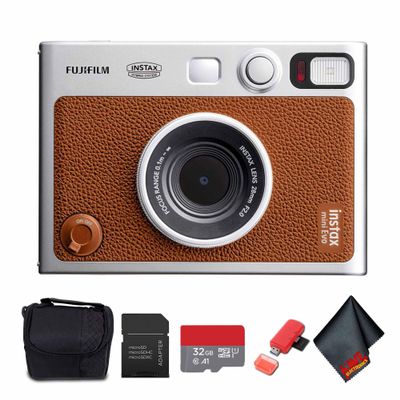 FUJIFILM INSTAX MINI EVO Hybrid Instant Camera (Brown) Bundle with 32GB Memory Card + Camera Case + USB Card Reader, SD/microSD + Microfiber Cleaning Cloth