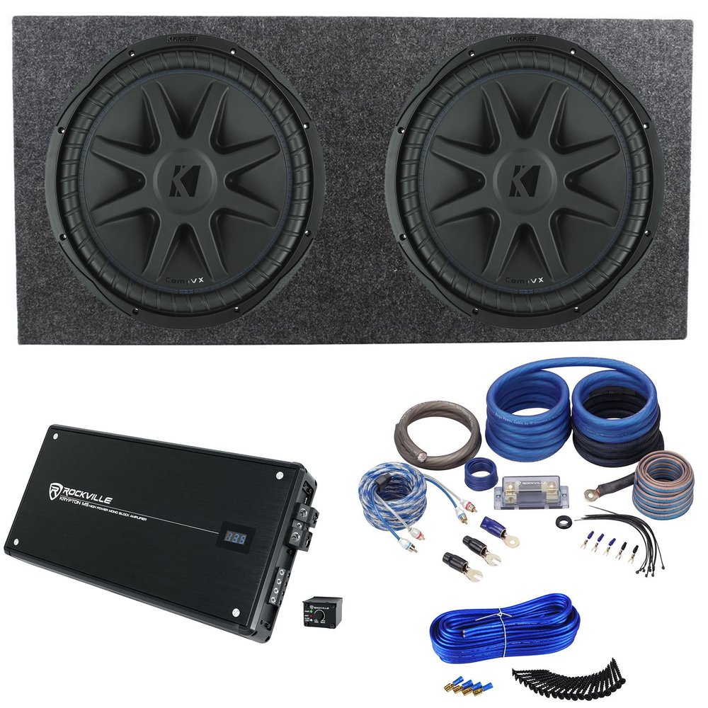 Audiosavings Bundle: (2) Kicker 50CVX154 15" 1000W Subwoofer Bundle with Rockville Krypton M5 8000W Car Amplifier & Amp Wiring Kit, Dual 15 Sub Enclosure Box & Enclosure Installation Kit (6 Items)
