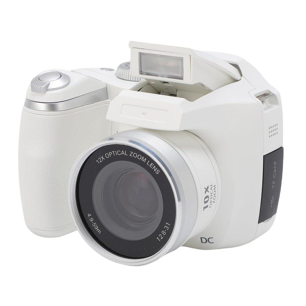 4K 60MP DSLR Camera with 12x Optical Zoom, CMOS Sensor and LED Flash, Video Camera with 2.88" LCD Screen for Travel, Portrait, Scenery Photography (White)