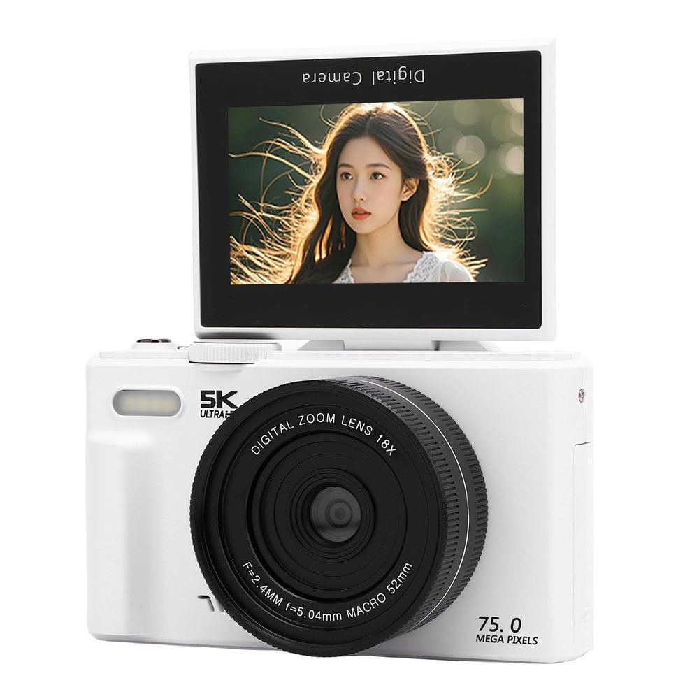 5K 75MP Digital Camera with 18X Zoom & 180 Flip Screen, WiFi Auto Focus Camera for Travel Vlogging, Content Creation and Photography (32GB)