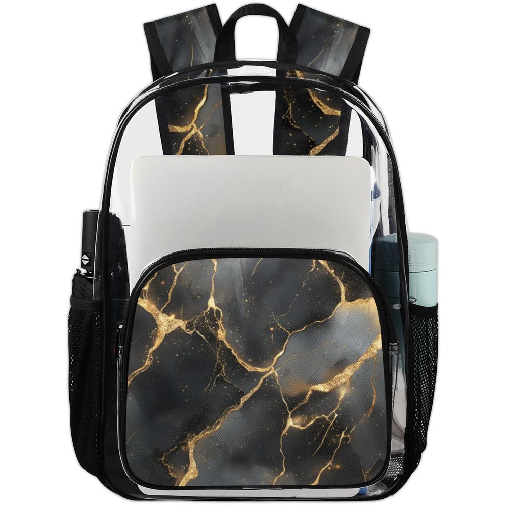 Adornori Black Large Heavy Duty Clear Backpack Marble PVC Transparent See Through Bag for Work Travel Security