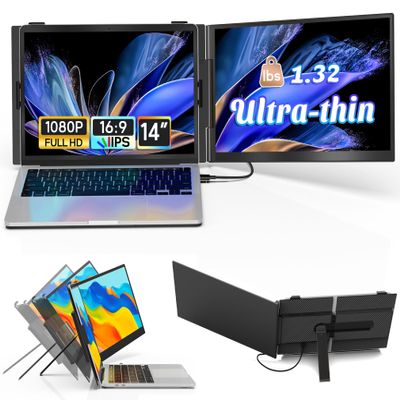 14" Laptop Screen Extender Ultra-Thin, Lightweight Portable Dual Laptop Monitor Extender with Speaker, FHD 1080P Travel Display, Plug & Play, HDMI/USB-A/Type-C for Laptops, Works with Win/Mac/Android