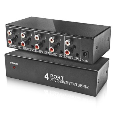 3.5mm Aux + RCA L/R Audio Splitter 1 in 4 Out, BolAAzuL 4-Way Stereo Audio Distributor Box 4-Channel Stereo RCA Splitter 1x4 for DVD Player, Game Console, Headphones, Speaker - w/Power