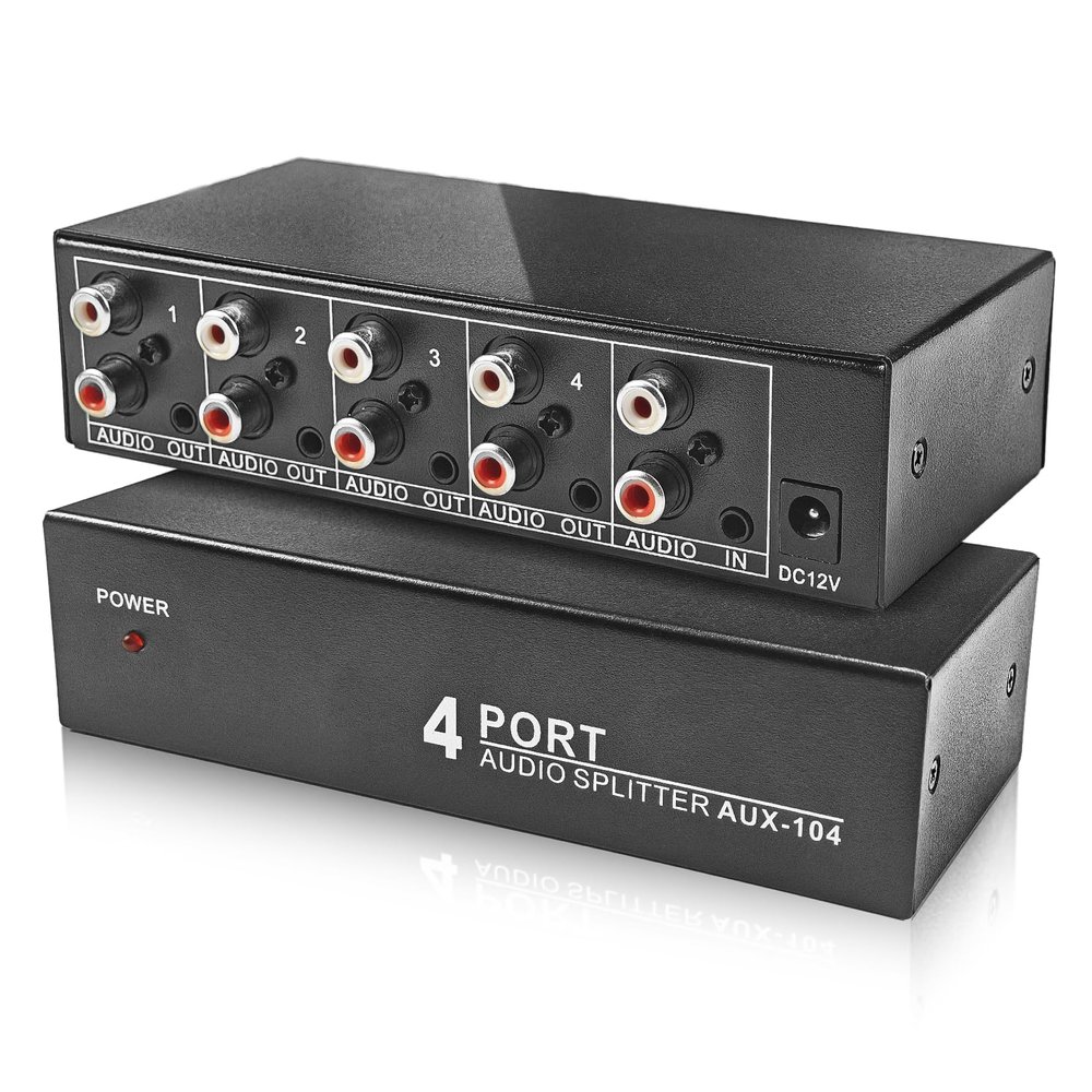 3.5mm Aux + RCA L/R Audio Splitter 1 in 4 Out, BolAAzuL 4-Way Stereo Audio Distributor Box 4-Channel Stereo RCA Splitter 1x4 for DVD Player, Game Console, Headphones, Speaker - w/Power