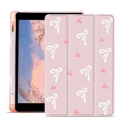 AdorableWhimsy Pink Bow Printed Case for iPad Air 11" M3/M2(2025/2024) / iPad Air 5 / Air 4 with Pencil Holder Auto Wake/Sleep Foldable Stand Pink Leather Soft TPU Back Cover for Girls Kids