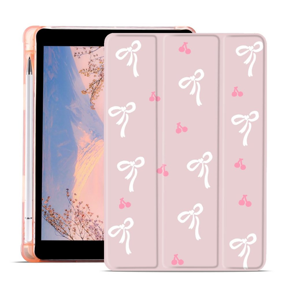 AdorableWhimsy Pink Bow Printed Case for iPad Air 11" M3/M2(2025/2024) / iPad Air 5 / Air 4 with Pencil Holder Auto Wake/Sleep Foldable Stand Pink Leather Soft TPU Back Cover for Girls Kids