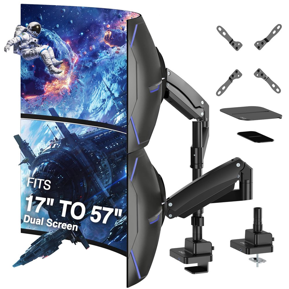 AVLT Dual 57 Inch Heavy Duty Stacking Monitor Arm Pole Top Mount With USB-C USB-A Ports-Black, Height Adjustable, Easy Install Top C-Clamp/Grommet With Reinforcement Plates, VESA Compatible 200/100/75