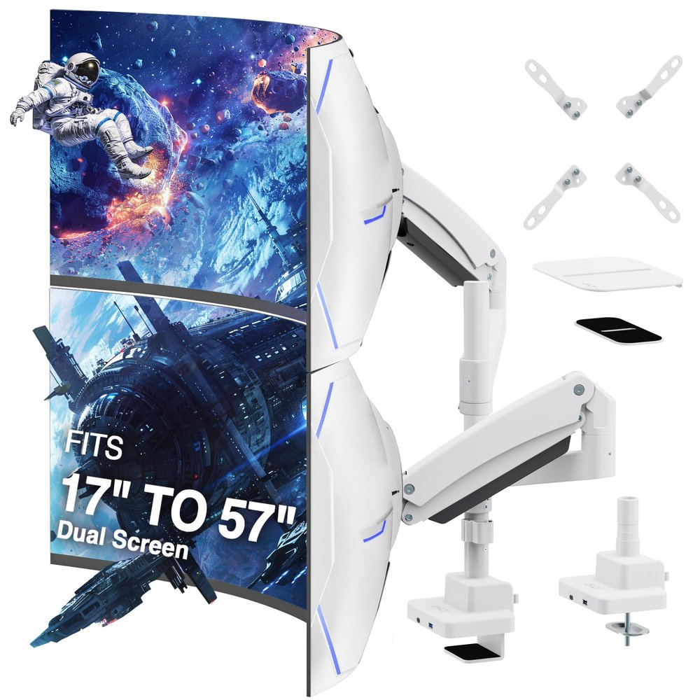 AVLT Dual 57 Inch Heavy Duty Stacking Monitor Arm Pole Top Mount With USB-C USB-A Ports-White, Height Adjustable, Easy Install Top C-Clamp/Grommet With Reinforcement Plates, VESA Compatible 200/100/75