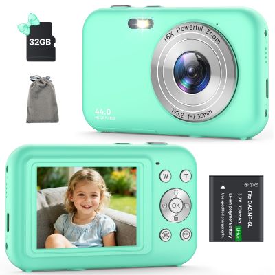 Digital Camera, Kids Camera with 32GB Card, FHD 1080P 44MP Vlogging Camera, 16X Zoom Point and Shoot Digital Camera Compact Portable Rechargeable Cameras for Teens Boys Girls Students Seniors-Green