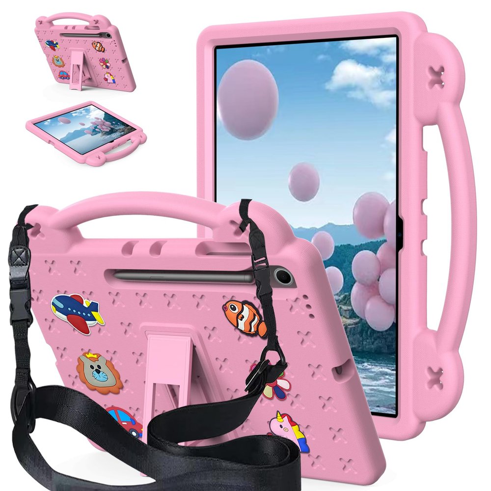 AKABEILA Compatible with Samsung Galaxy Tab S10 FE+ 13.1 inch 2025 Tablet Case, Kids Friendly Universal Lightweight Shockproof Protective Case with Shoulder Strap & Stand Handle Pink