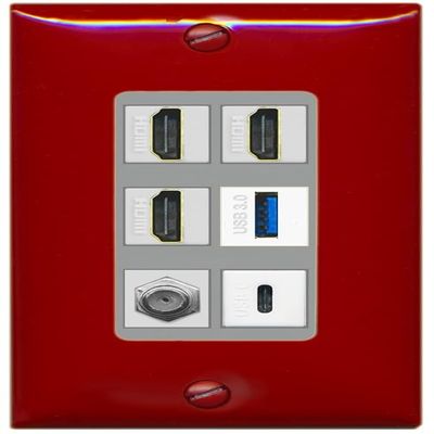 RiteAV 3 HDMI USB3 USBC Coax Wall Plate - 1 Gang Decorative [Red/Gray]