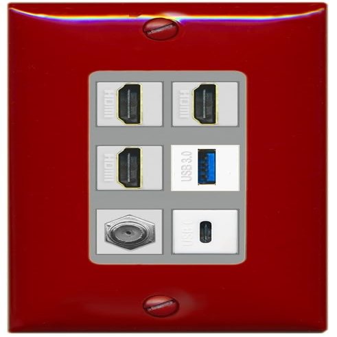 RiteAV 3 HDMI USB3 USBC Coax Wall Plate - 1 Gang Decorative [Red/Gray]