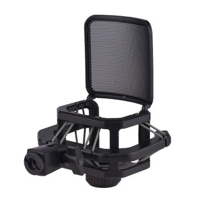 Microphone Shock Mount Plastic Anti Vibration Mic Holder Stand Mic Holder Mount with Metal Pop Filter Screw Adapter for Diameter 23.5mm-24.5mm (Black)
