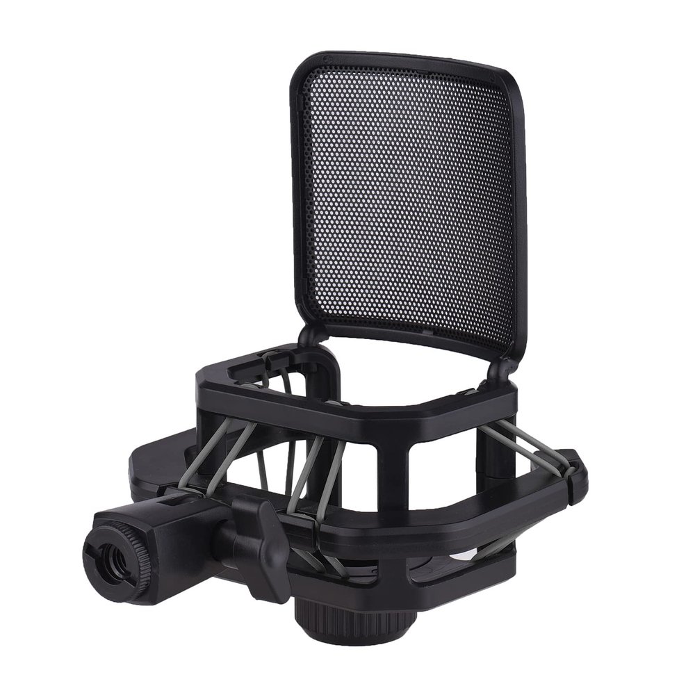 Microphone Shock Mount Plastic Anti Vibration Mic Holder Stand Mic Holder Mount with Metal Pop Filter Screw Adapter for Diameter 23.5mm-24.5mm (Black)